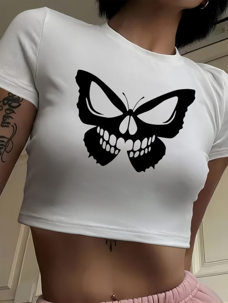 Beige Butterfly Print V-Neck Tee
