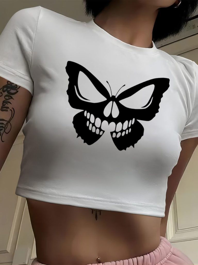 Beige Butterfly Print V-Neck Tee