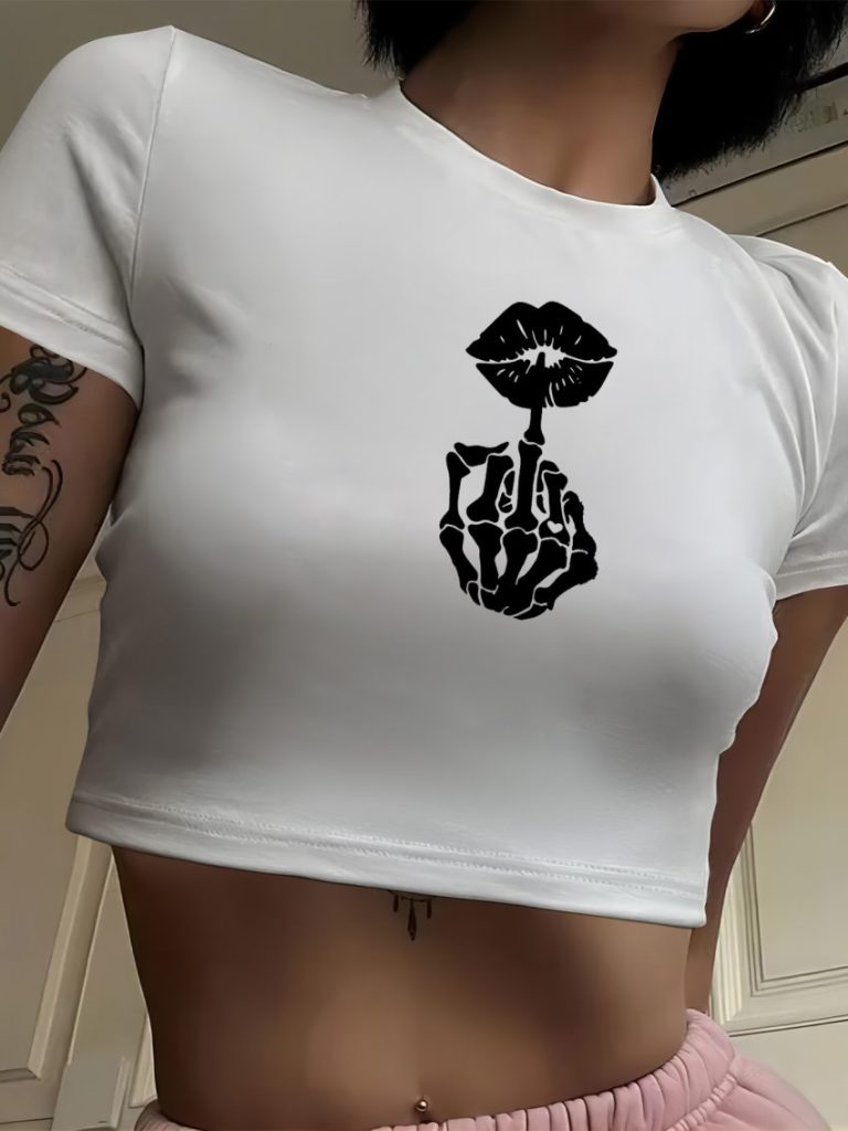 Beige Skull Print Crew Tee