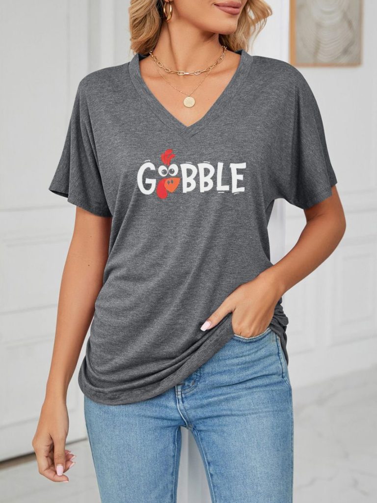 Gray Letter Print Collared Top