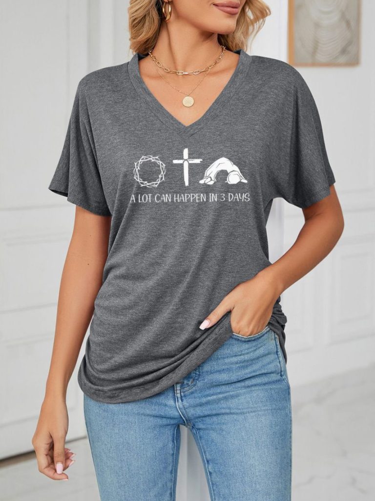 Gray Letter Print V-Neck Tee