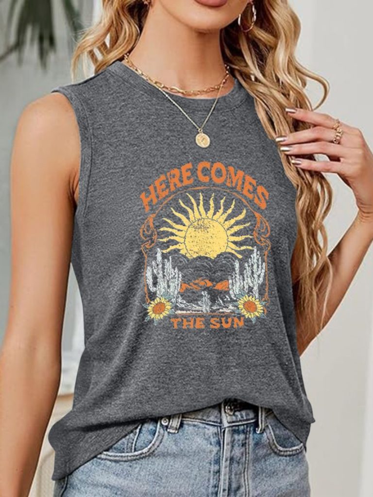 Orange Music Print Sleeveless Top