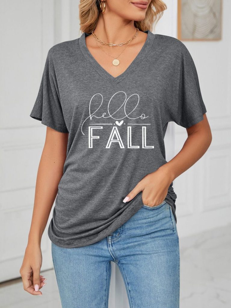 Gray Letter Print V-Neck Top