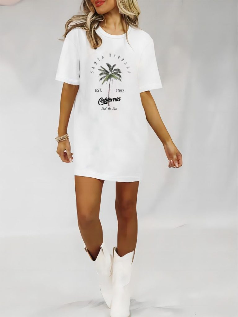 Beige Tropical Print Crew Tee