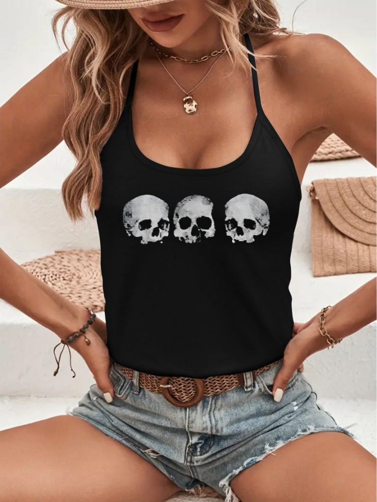 Gray Skull Print Off-Shoulder Top