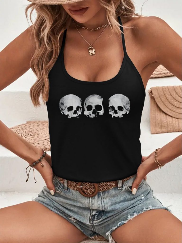 Gray Skull Print Off-Shoulder Top