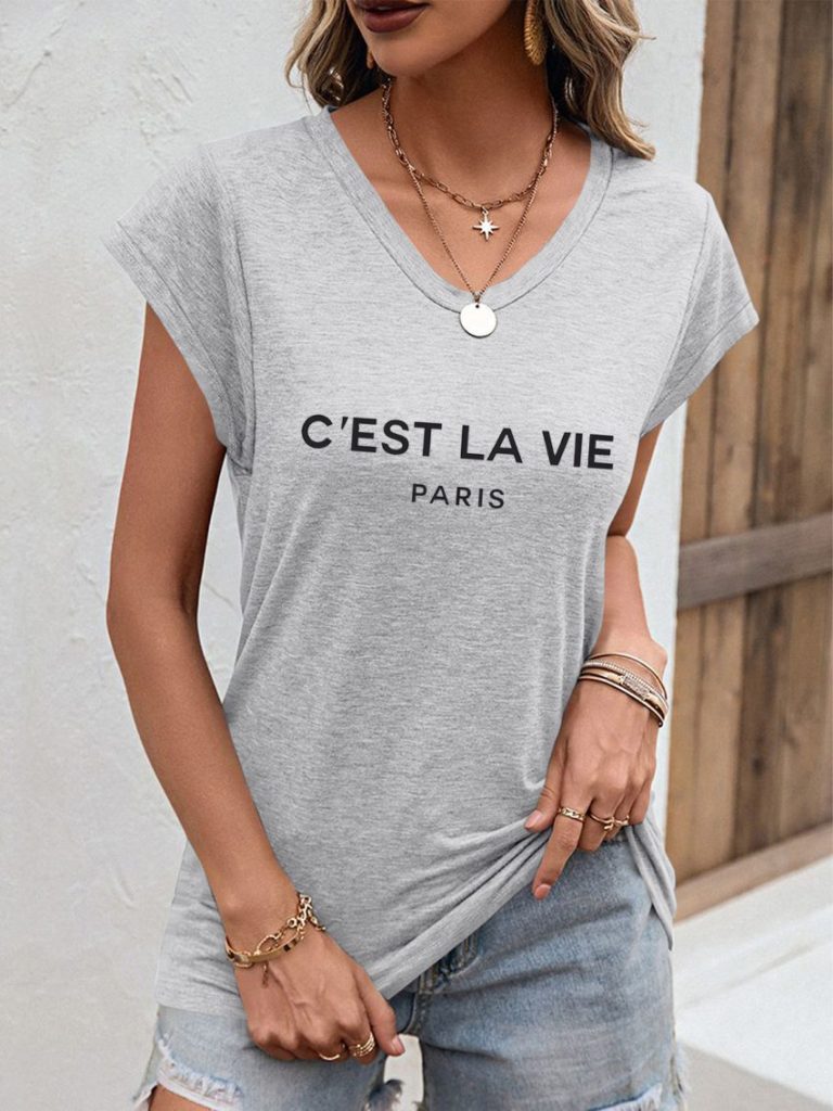 White Letter Print V-Neck Tee