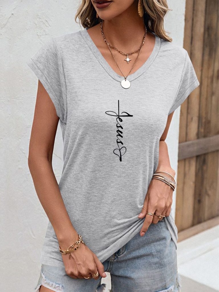 White Heart Print V-Neck Tee