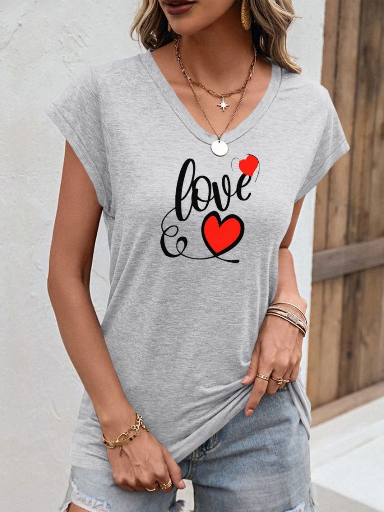 White Heart Print V-Neck Tee