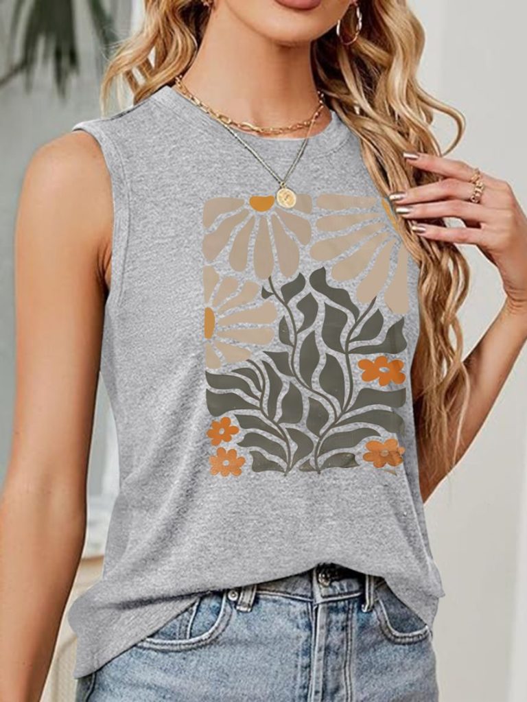 Gray Tropical Print Sleeveless Top