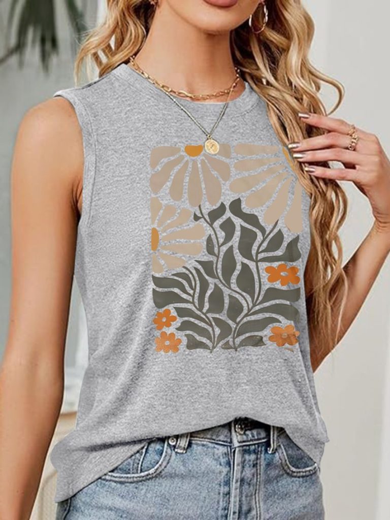 Gray Tropical Print Sleeveless Top