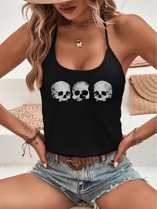 Black Skull Print V-Neck Top