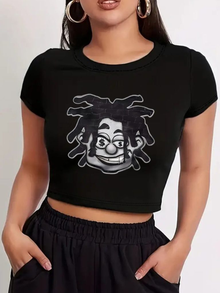 Black Cartoon Print Off-Shoulder Top