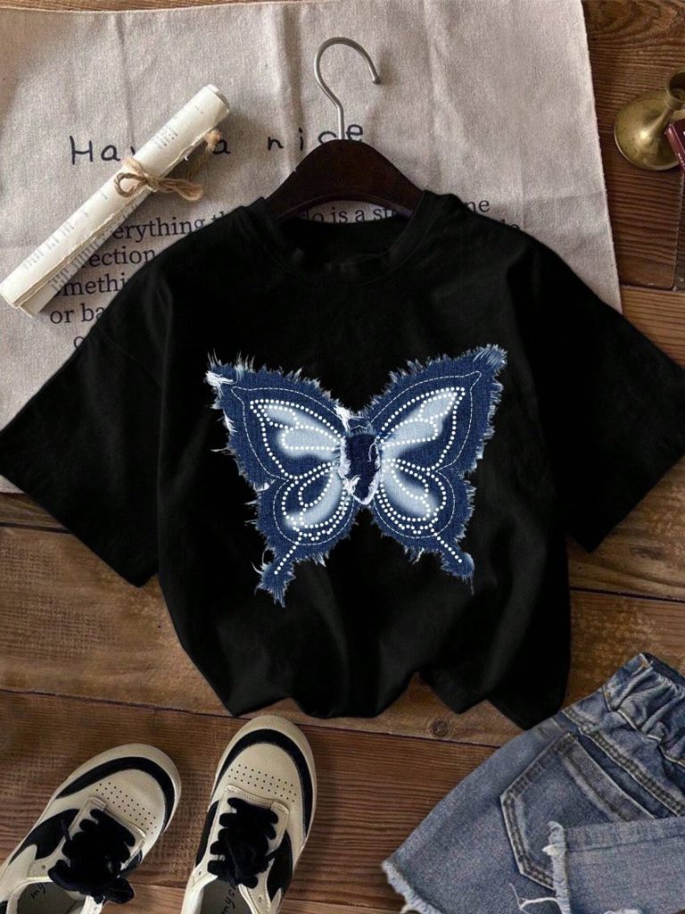 Blue Butterfly Print Cotton Tee