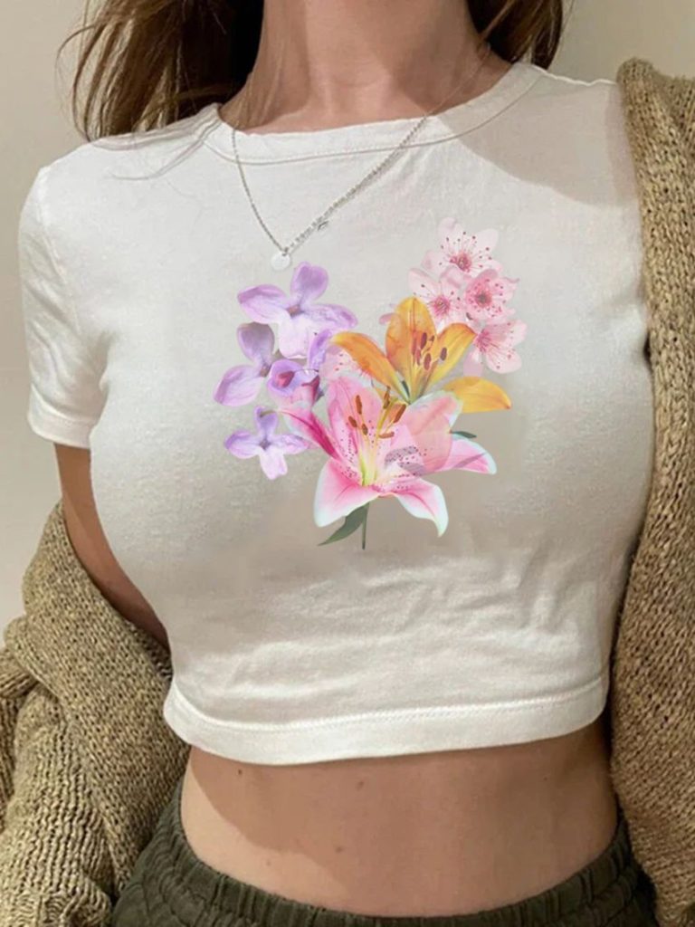 White Floral Print V-Neck Tee