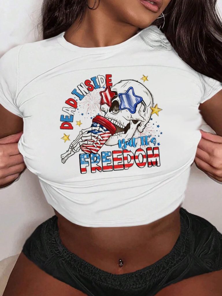 Beige Flag Print V-Neck Tee