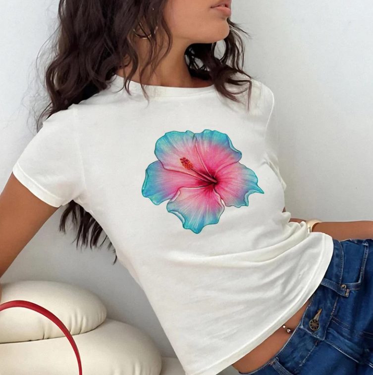 Blue Floral Print V-Neck Tee