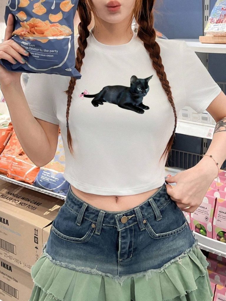 Black Cartoon Print V-Neck Top