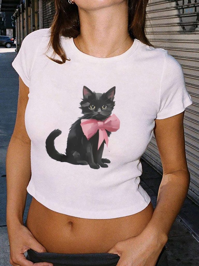 Pink Cartoon Print V-Neck Tee