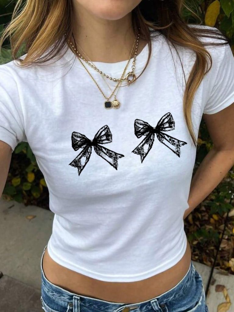 White Butterfly Print Collared Tee