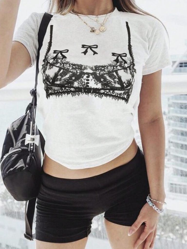 Beige Skull Print V-Neck Tee