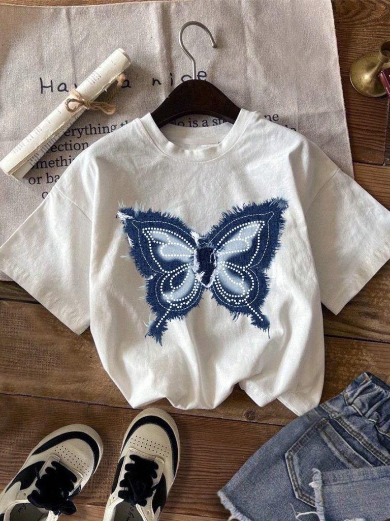 Blue Butterfly Print Cotton Tee