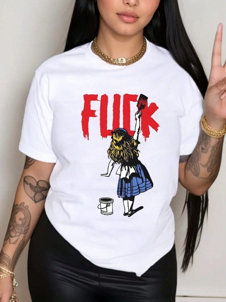 Cartoon Slogan Cotton Crewneck Tee
