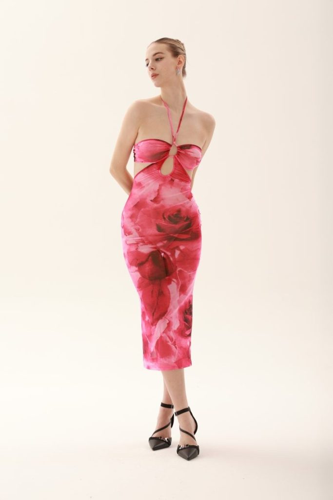 Pink Floral Strapless Midi Dress