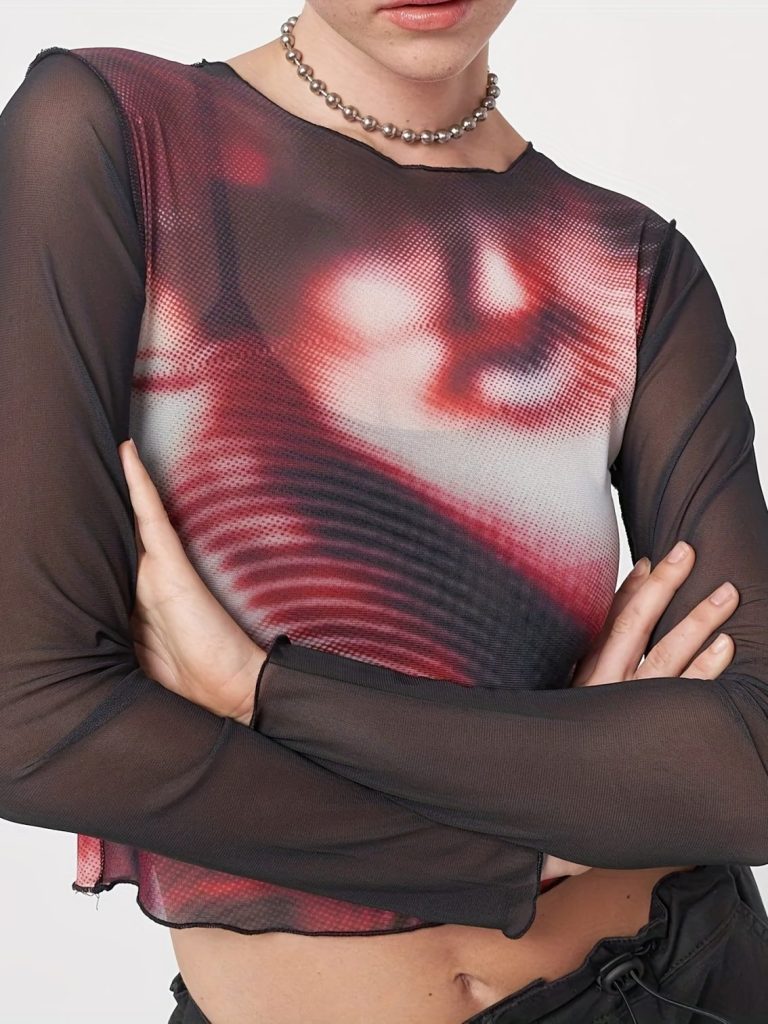 Red Abstract Print Mesh Top
