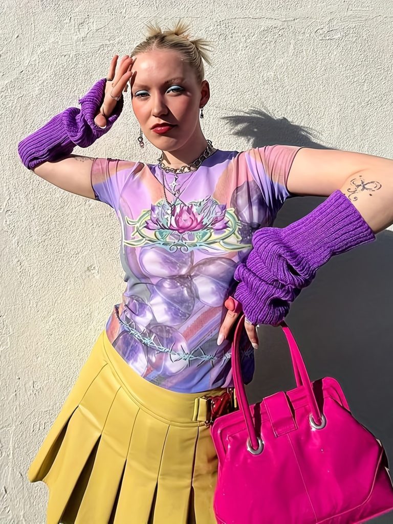 Purple Abstract-Print Mesh Top