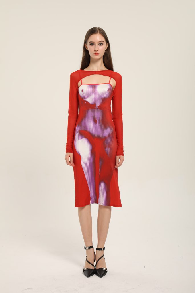 Red Mesh Long-Sleeve Midi Dress