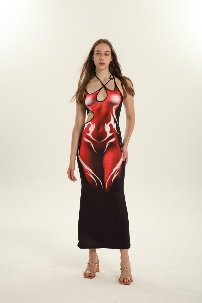 Red Flame Print Maxi Dress