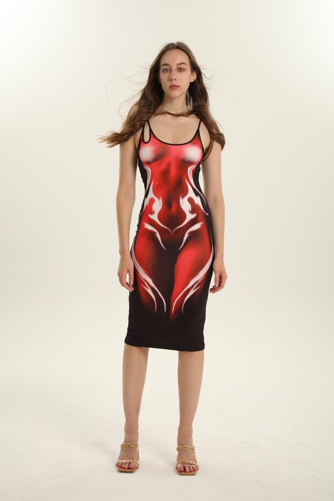 Red Flame Print Midi Dress