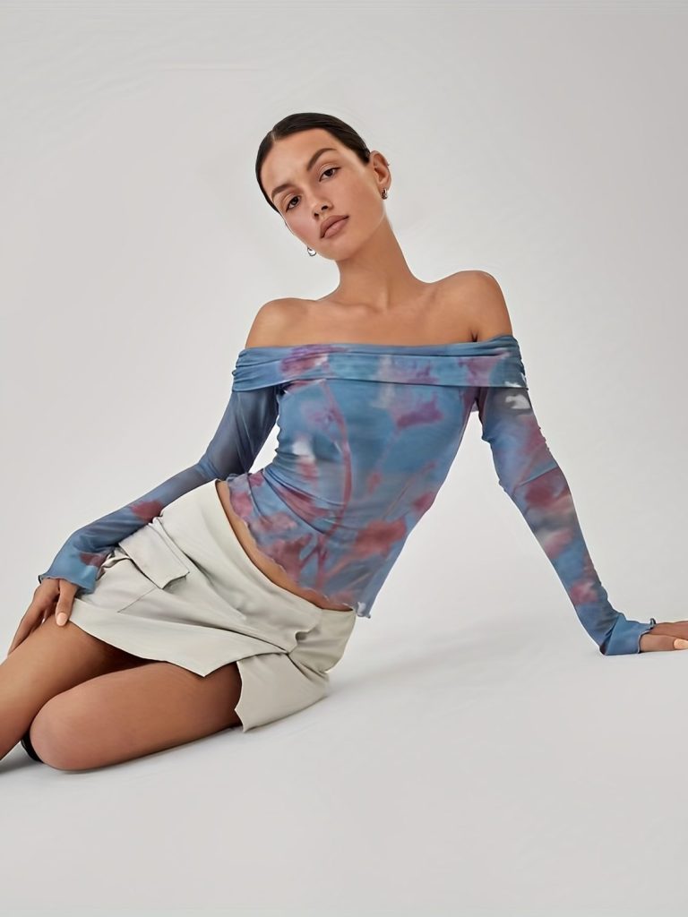 Blue Tie-Dye Off-Shoulder Top