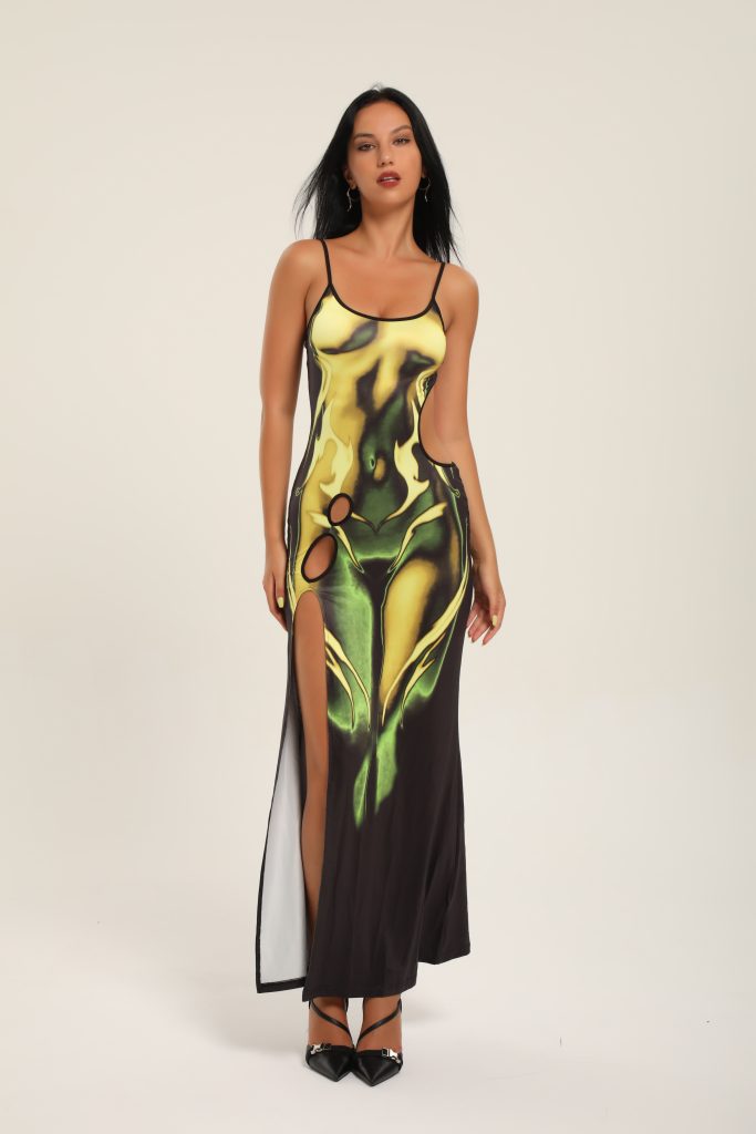 Yellow Abstract Slit Maxi Dress