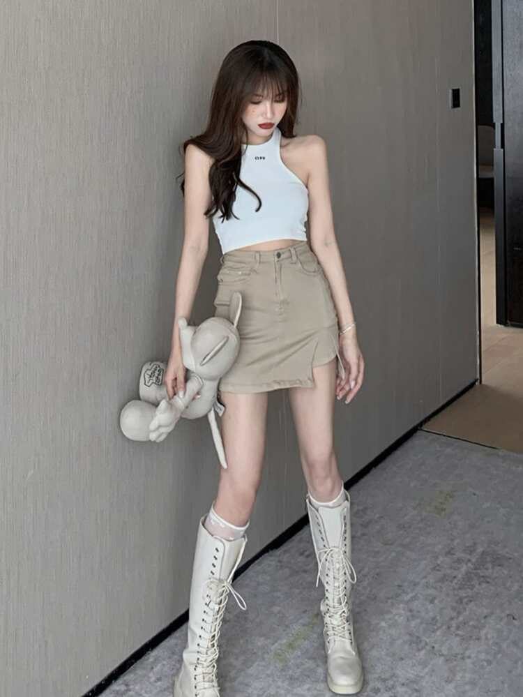 Honeyspot Slit Hem Denim Skirt