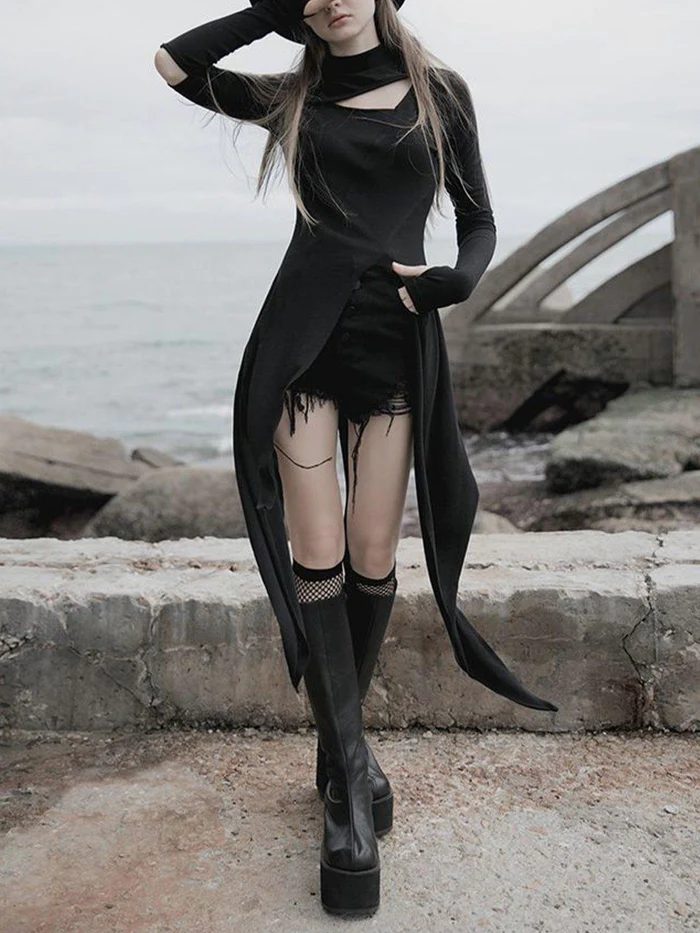 Black Slit Long-Sleeve Top
