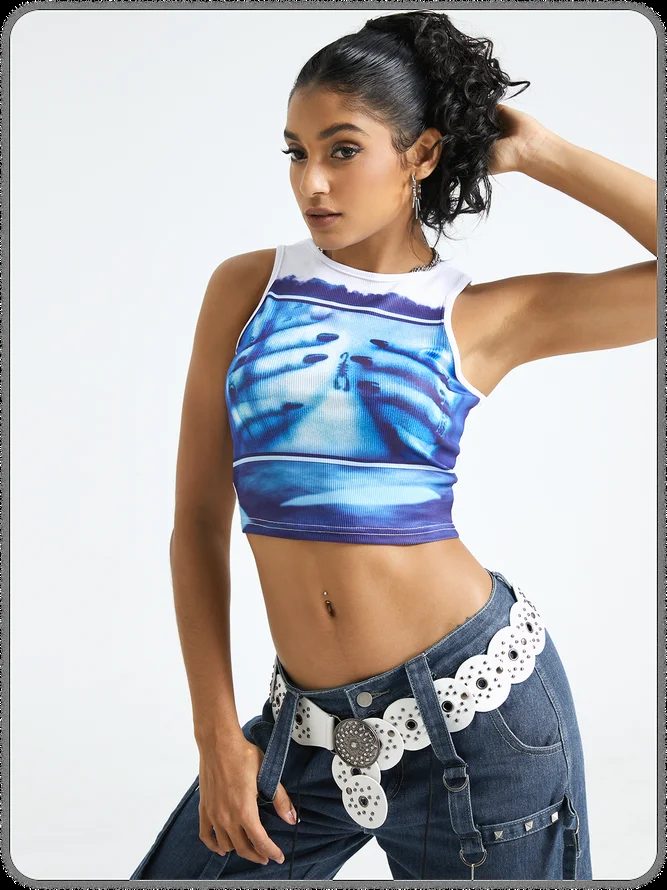 Blue Satin Halter Crop Top