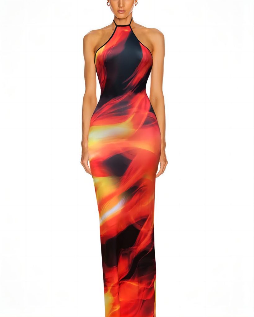 Red Halter Flame Maxi Dress
