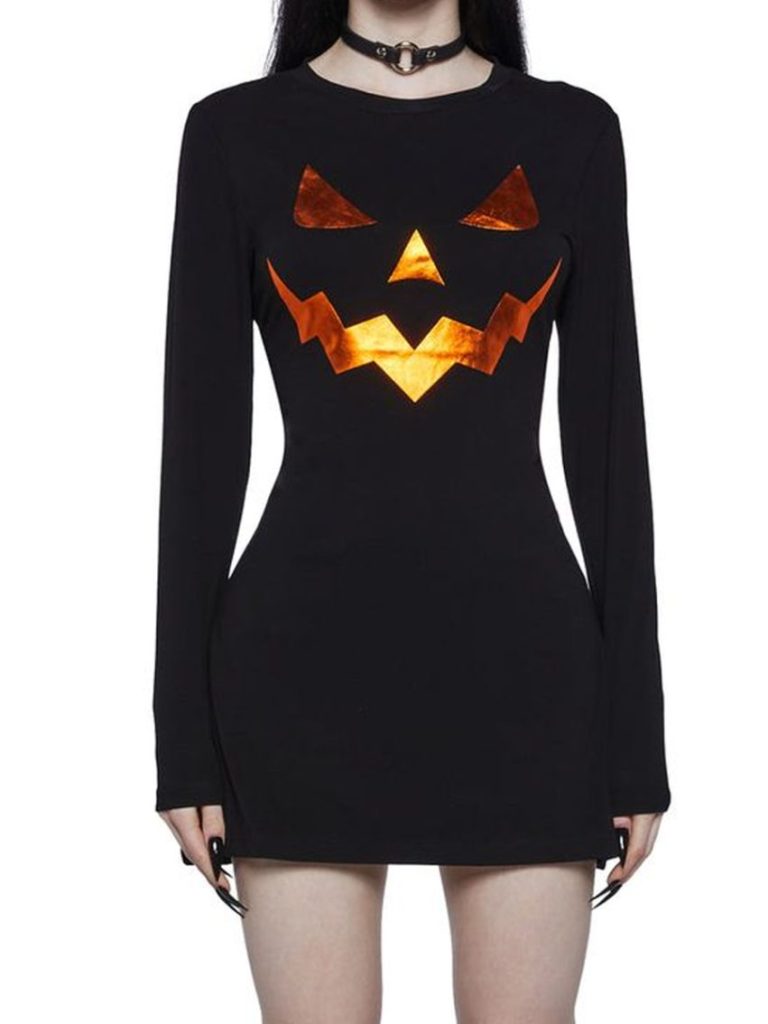 Black Pumpkin-Print Mock-Neck Midi Dress