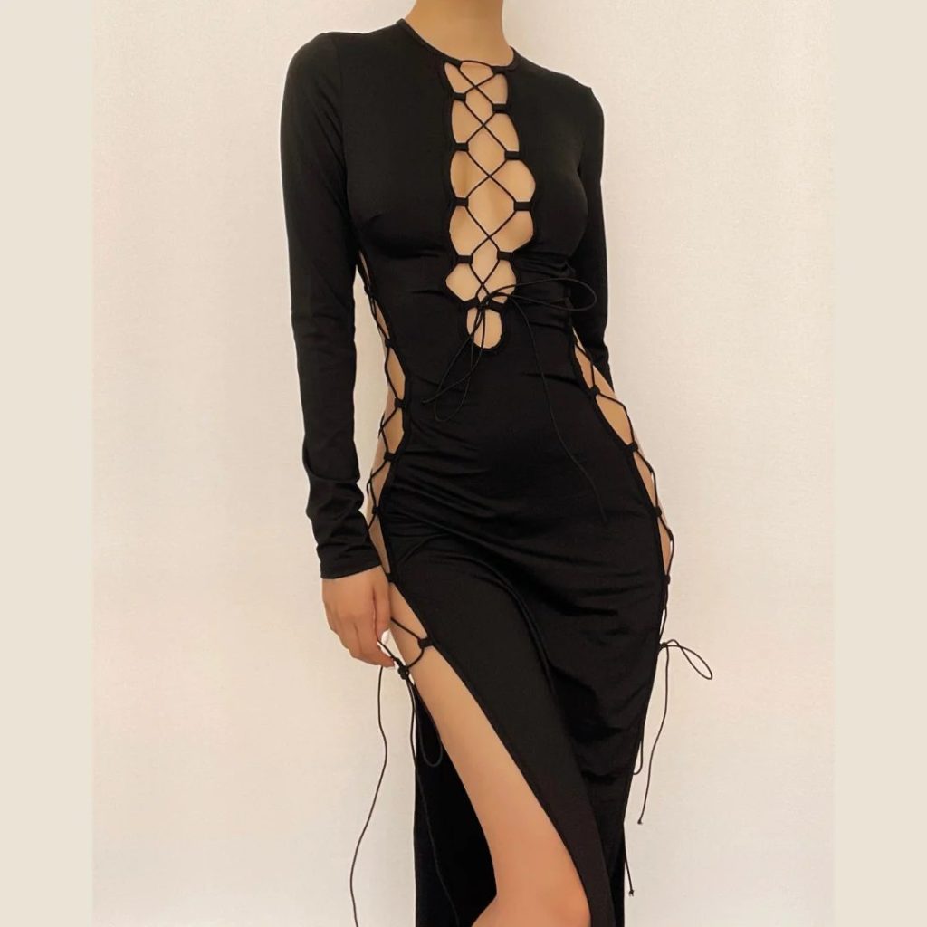Black Mesh Long-Sleeve Midi Dress