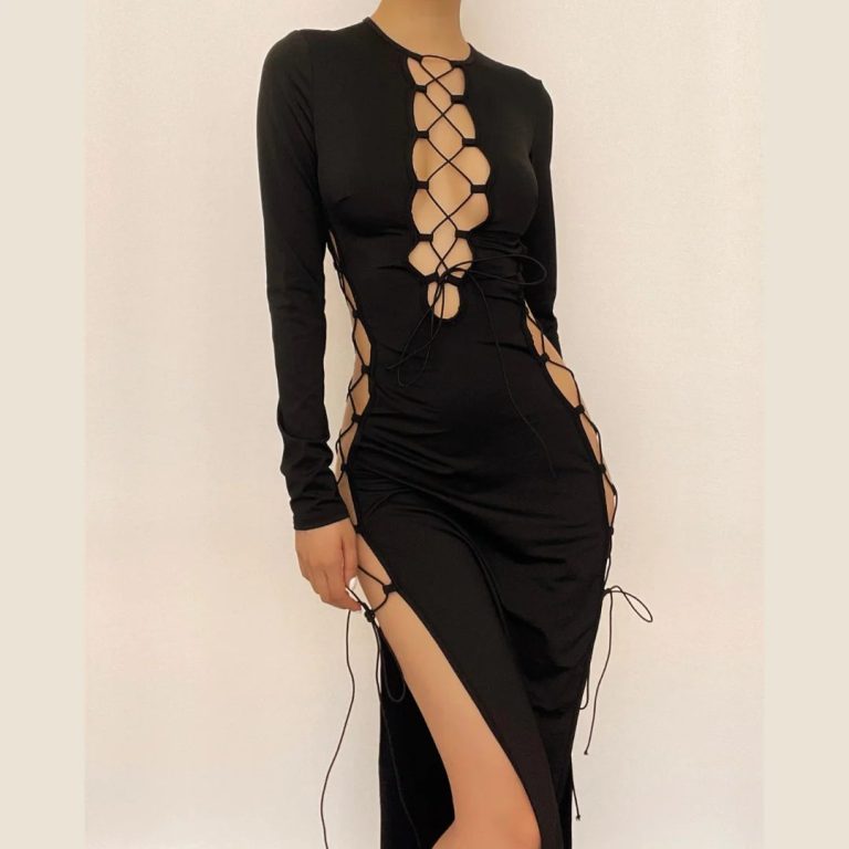 Black Mesh Long-Sleeve Midi Dress