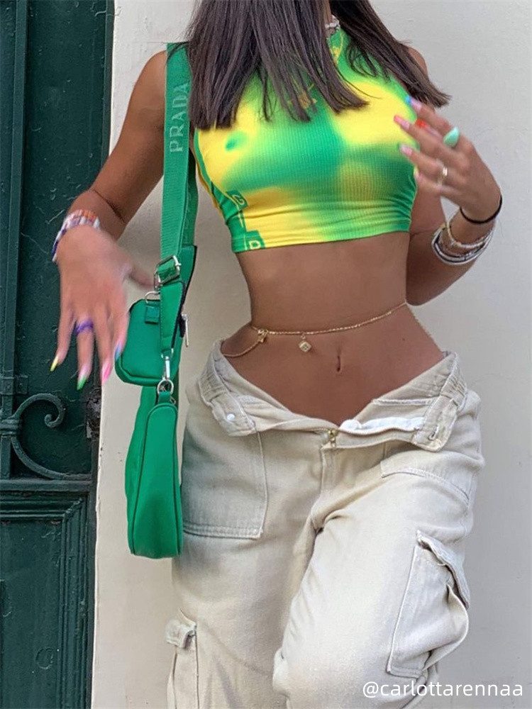 Green Yellow-Print Crop Top