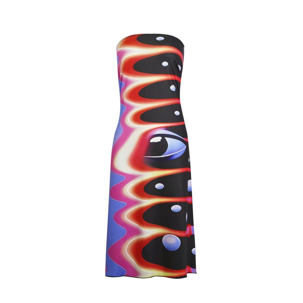 Colorful Wave-Print Sleeveless Midi Dress