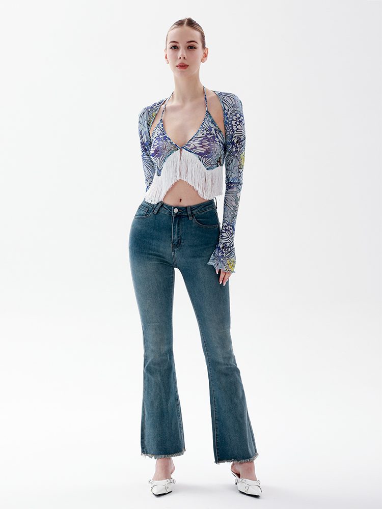 White Paisley Print Long-Sleeve Top
