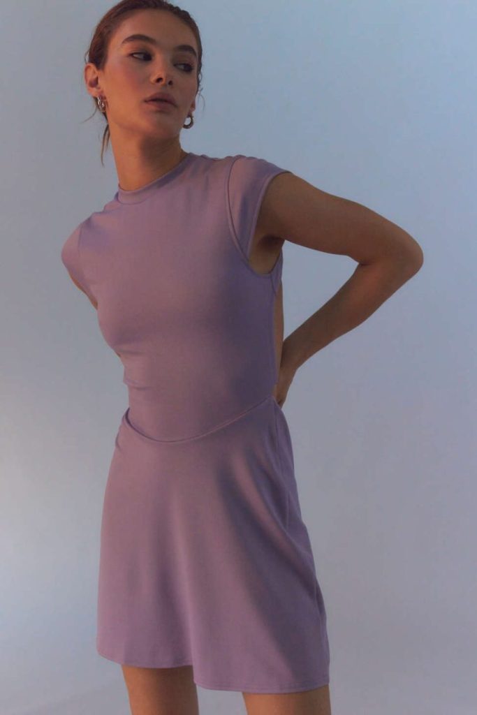 Lilac Short-Sleeve Ruched Midi Dress