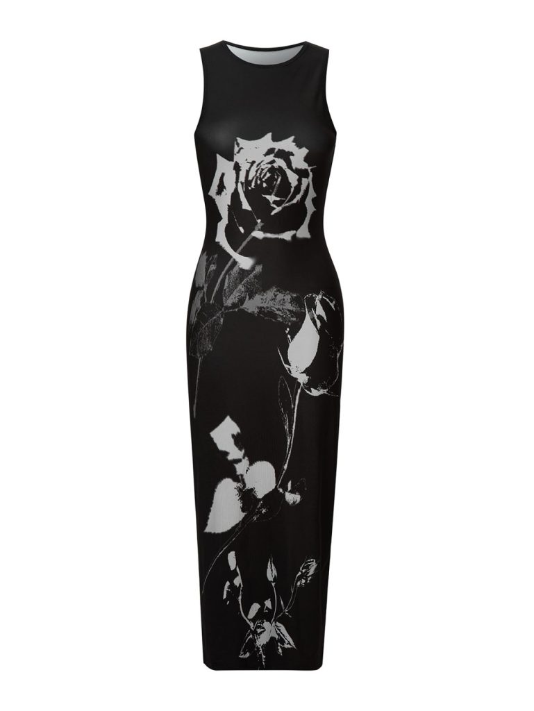 Black Floral Sleeveless Midi Dress