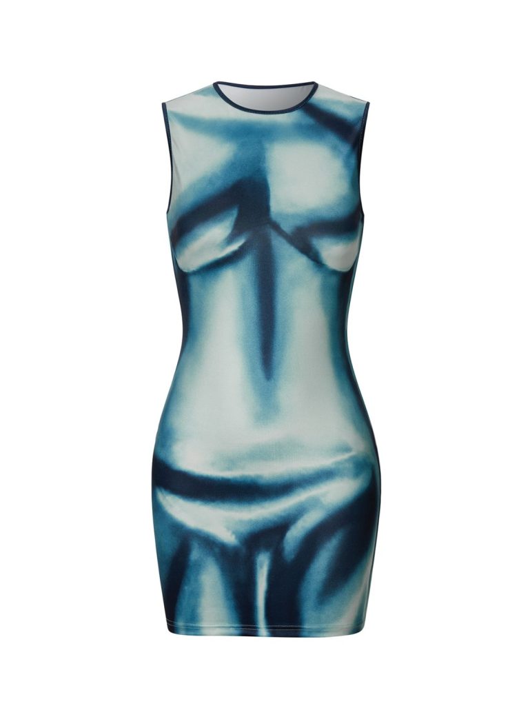 Blue Figure-Print Sleeveless Midi Dress