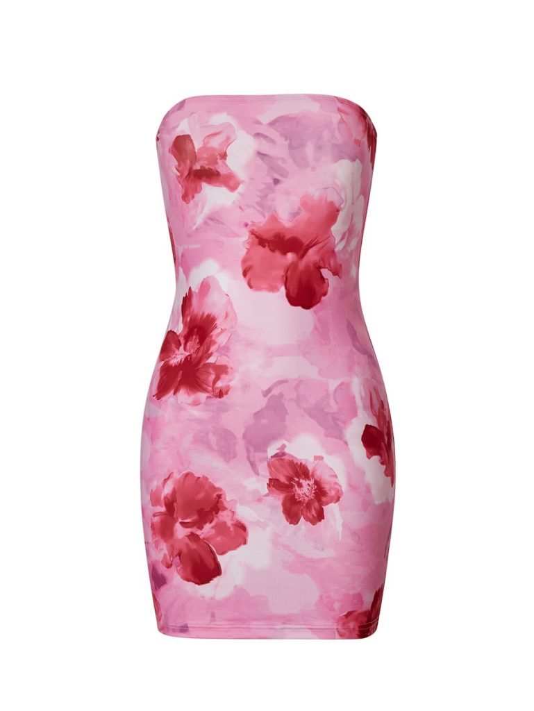 Pink Floral Strapless Mini Dress