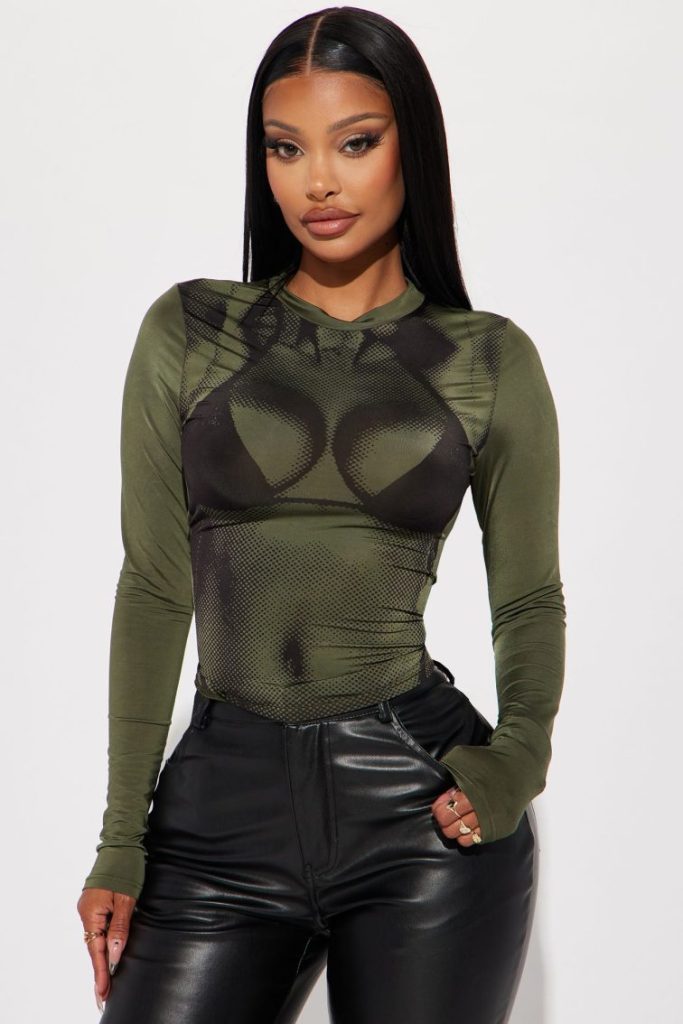 Black Body-Print Long-Sleeve Top